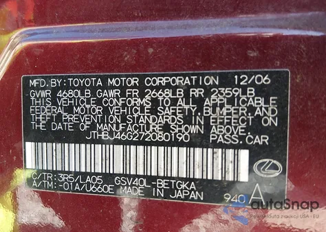2007 Lexus Es 350 from USA, damaged, VIN JTHBJ46G272080190